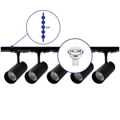 Bright Choice Komplett set 1-Fas Rail 2 Meter Svart | incl. 5x Spot + GU10 2700K 3W Dimbar + Ändkåpa, Strömkontakt och I-Anslutningsstycke