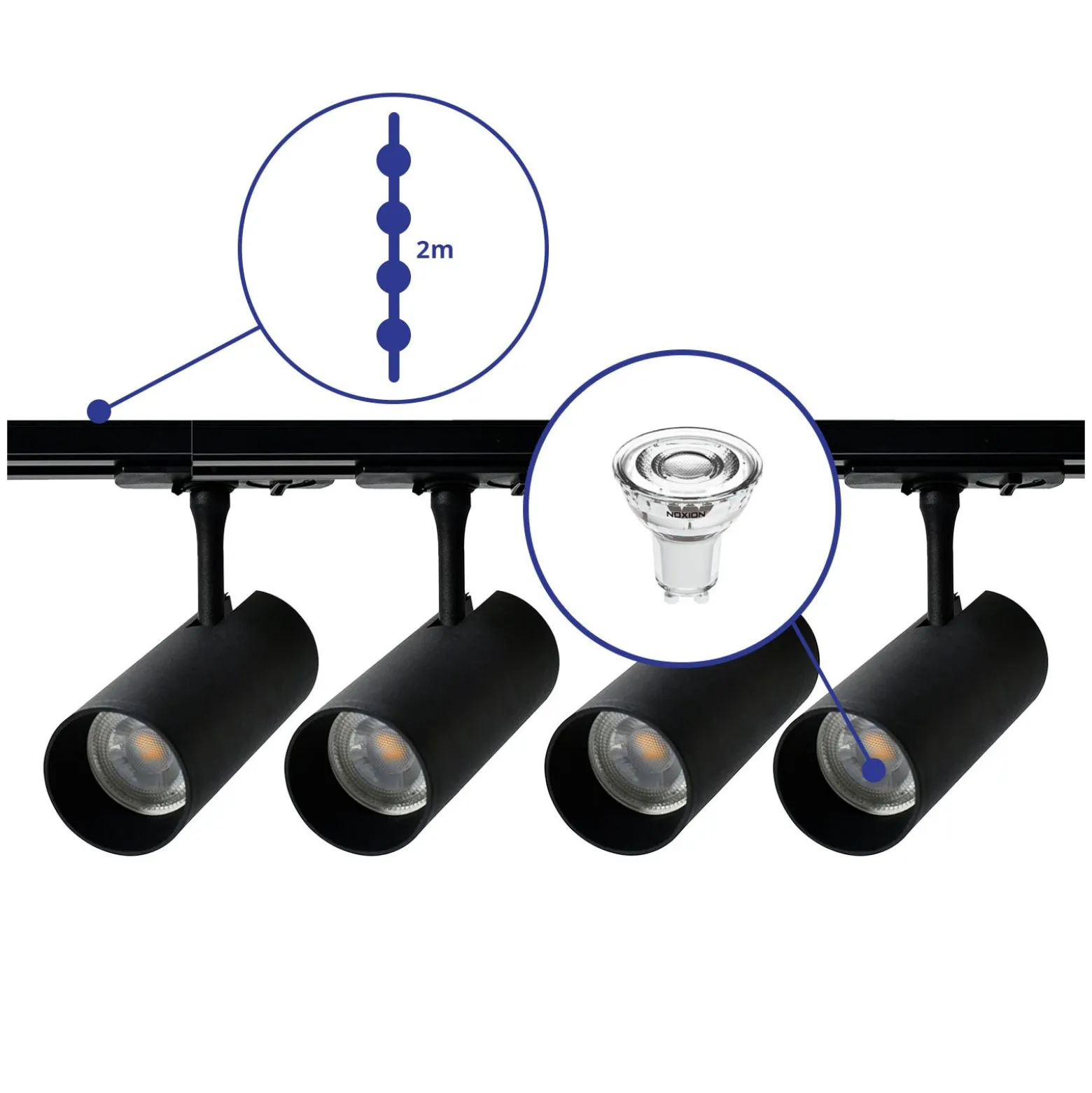 Bright Choice Komplett set 1-Fas Rail 2 Meter Svart | incl. 4x Spot + GU10 2700K 3W Dimbar + Ändkåpa, Strömkontakt och I-Anslutningsstycke