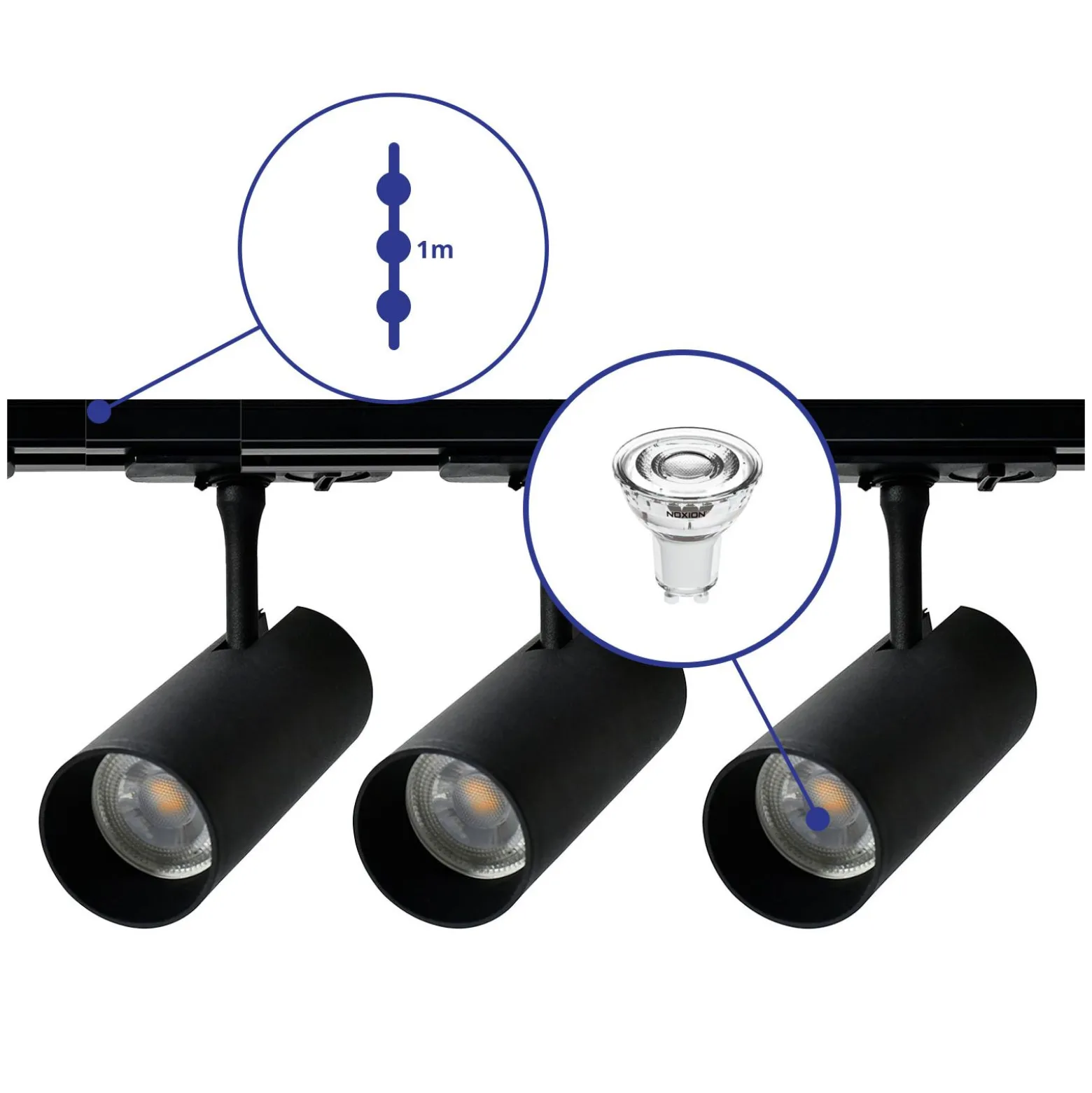 Bright Choice Komplett set 1-Fas Rail 1 Meter Svart | incl. 3x Spot + GU10 2700K 3W Dimbar + Ändkåpa, Strömkontakt