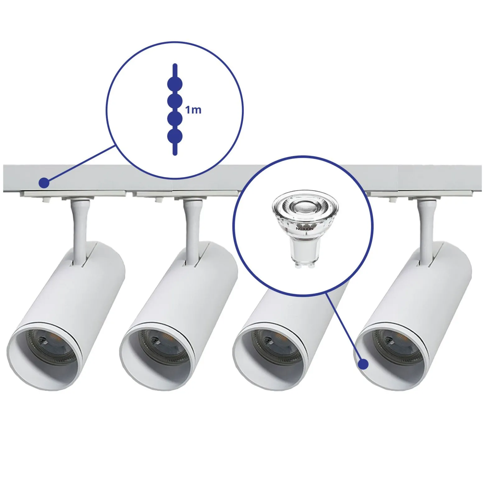 Bright Choice Komplett set 1-Fas Rail 1 Meter Vit | incl. 4x Spot + GU10 2700K 3W Dimbar + Ändkåpa, Strömkontakt