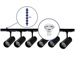 Bright Choice Komplett set 1-Fas Rail 2 Meter Svart | incl. 6x Spot + GU10 2700K 3W Dimbar + Ändkåpa, Strömkontakt och I-Anslutningsstycke