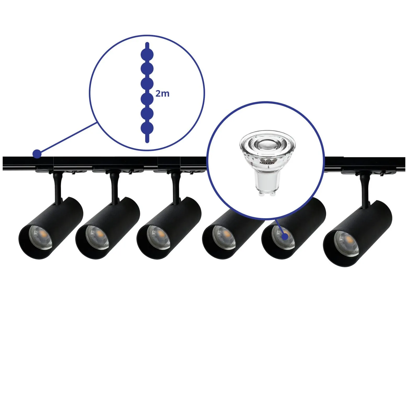 Bright Choice Komplett set 1-Fas Rail 2 Meter Svart | incl. 6x Spot + GU10 2700K 3W Dimbar + Ändkåpa, Strömkontakt och I-Anslutningsstycke