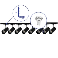 Bright Choice Komplett set 1-Fas Rail L 1,5 x 2 Meter Svart | incl. 8x Spot + GU10 2700K 3W Dimbar + Ändkåpa, Strömkontakt och L -Anslutningsstycke