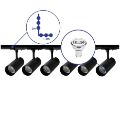 Bright Choice Komplett set 1-Fas Rail L 1,5 x 2 Meter Svart | incl. 6x Spot + GU10 2700K 3W Dimbar + Ändkåpa, Strömkontakt och L -Anslutningsstycke