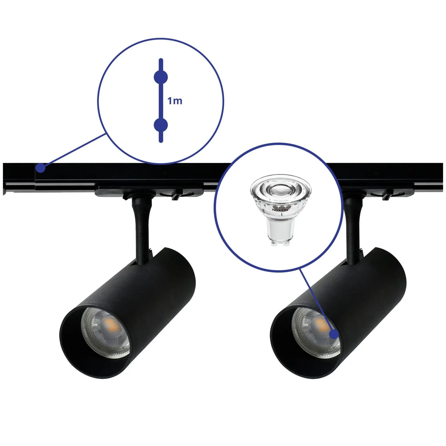Bright Choice Komplett set 1-Fas Rail 1 Meter Svart | incl. 2x Spot + GU10 2700K 3W Dimbar + Ändkåpa, Strömkontakt