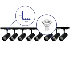 Bright Choice Komplett set 1-Fas Rail L 2 x 2 Meter Svart | incl. 8x Spot + GU10 2700K 3W Dimbar + Ändkåpa, Strömkontakt och L -Anslutningsstycke