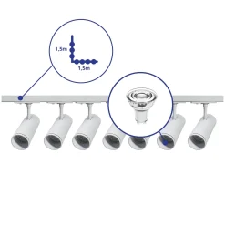 Bright Choice Komplett set 1-Fas Rail L 1,5 x 1,5 Meter Vit | incl. 7x Spot + GU10 2700K 3W Dimbar + Ändkåpa, Strömkontakt och L -Anslutningsstycke