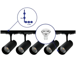 Bright Choice Komplett set 1-Fas Rail L 1,5 x 2 Meter Svart | incl. 5x Spot + GU10 2700K 3W Dimbar + Ändkåpa, Strömkontakt och L -Anslutningsstycke