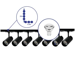 Bright Choice Komplett set 1-Fas Rail L 1,5 x 2 Meter Svart | incl. 7x Spot + GU10 2700K 3W Dimbar + Ändkåpa, Strömkontakt och L -Anslutningsstycke