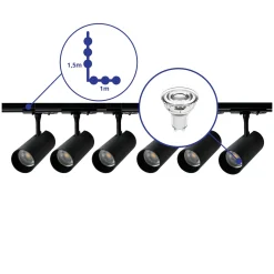 Bright Choice Komplett set 1-Fas Rail L 1x 1,5 Meter Svart | incl. 6x Spot + GU10 2700K 3W Dimbar + Ändkåpa, Strömkontakt och L -Anslutningsstycke