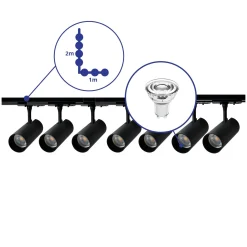 Bright Choice Komplett set 1-Fas Rail L 1 x 2 Meter Svart | incl. 7x Spot + GU10 2700K 3W Dimbar + Ändkåpa, Strömkontakt och L -Anslutningsstycke