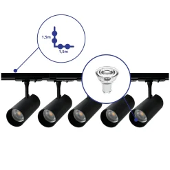 Bright Choice Komplett set 1-Fas Rail L 1,5 x 1,5 Meter Svart | incl. 5x Spot + GU10 2700K 3W Dimbar + Ändkåpa, Strömkontakt och L -Anslutningsstycke