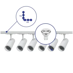 Bright Choice Komplett set 1-Fas Rail L 1 x 1 Meter Vit | incl. 6x Spot + GU10 2700K 3W Dimbar + 1 x 1 Meter Ändkåpa, Strömkontakt och L -Anslutningsstycke