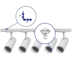 Bright Choice Komplett set 1-Fas Rail L 1 x 1 Meter Vit | incl. 5x Spot + GU10 2700K 3W Dimbar + 1 x 1 Meter Ändkåpa, Strömkontakt och L -Anslutningsstycke