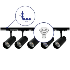 Bright Choice Komplett set 1-Fas Rail L 1 x 1 Meter Svart | incl. 5x Spot + GU10 2700K 3W Dimbar + Ändkåpa, Strömkontakt och L -Anslutningsstycke