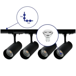 Bright Choice Komplett set 1-Fas Rail L 1 x 1 Meter Svart | incl. 4x Spot + GU10 2700K 3W Dimbar + Ändkåpa, Strömkontakt och L -Anslutningsstycke