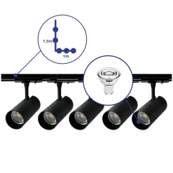 Bright Choice Komplett set 1-Fas Rail L 1 x 1,5 Meter Svart | incl. 5x Spot + GU10 2700K 3W Dimbar + Ändkåpa, Strömkontakt och L -Anslutningsstycke