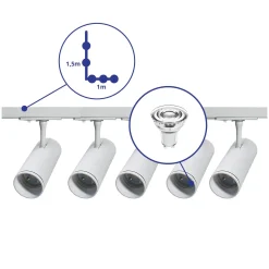 Bright Choice Komplett set 1-Fas Rail L 1 x 1,5 Meter Vit | incl. 5x Spot + GU10 2700K 3W Dimbar + Ändkåpa, Strömkontakt och L -Anslutningsstycke