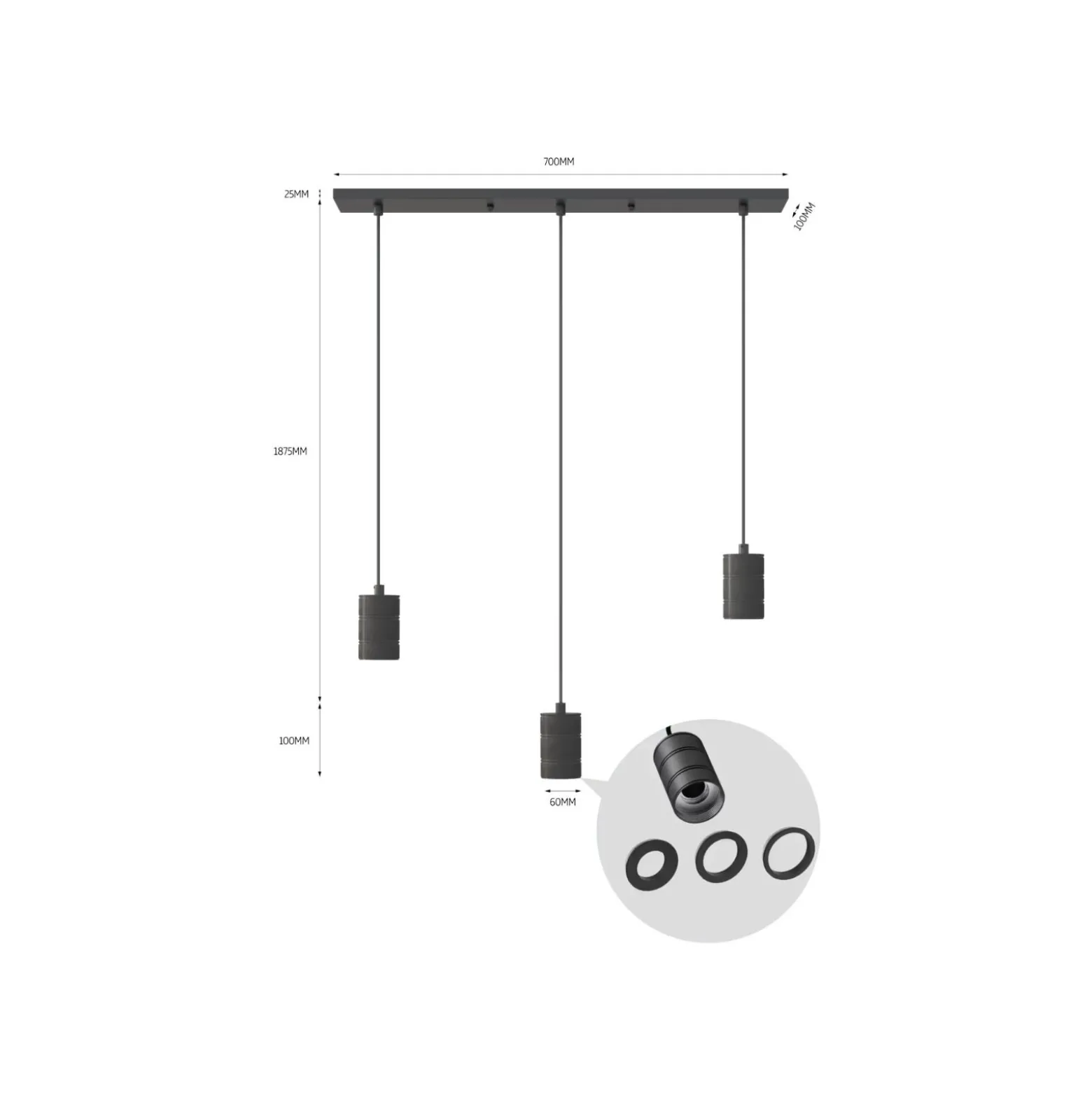 Calex Retro Pendellampa Cordset Rektangulär Metall Svart |incl. kabel 2 Meter - Passande för 3xE27