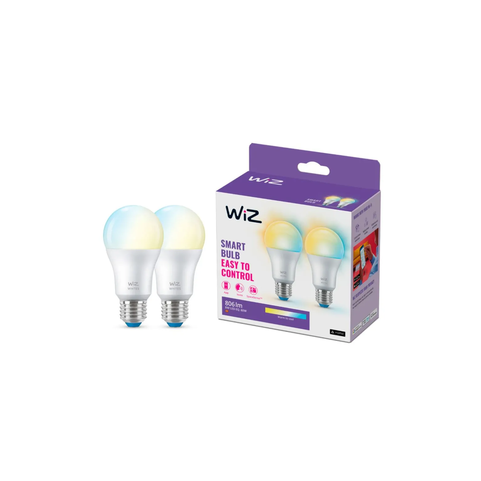 Dubbelpack 2x WiZ Smart LED E27 Päron Matt 8W 806lm | Bästa Färgåtergivning - Dimbar - Ersättare 60W