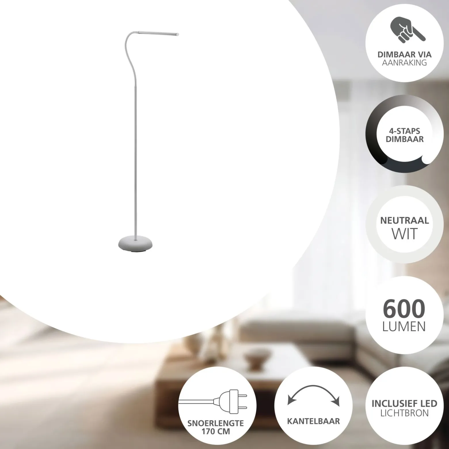Eglo Golvlampa Laroa Plast Vit 42W 600lm - 840 Kallvit | Dimbar