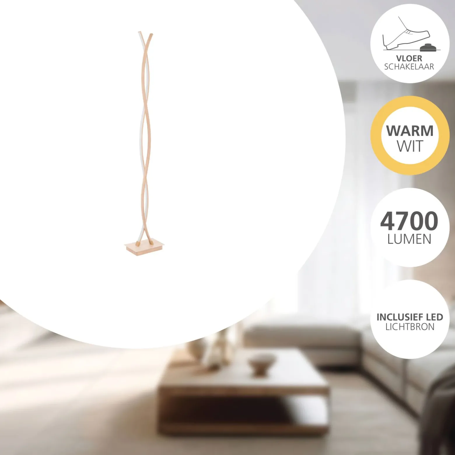 Eglo Golvlampa Lasana 4 Stål Aluminium Trä 36W 4700lm - 830 Varm Vit