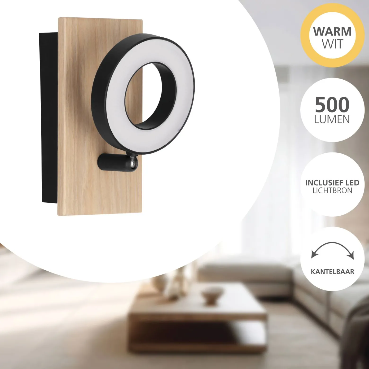 Eglo Vägglampa Rielves Trä Svart 4W 500lm - 830 Varm Vit
