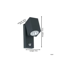 Eglo Vägglampa Sakeda Aluminium Antracit 5W 600lm - 830 Varm Vit | IP44 - Rörelse- och Ljussensor