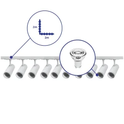 Komplett set 1-Fas Rail L 2 x 2 Meter Vit | incl. 10x Spot + GU10 2700K 3W Dimbar + Ändkåpa, Strömkontakt och L -Anslutningsstycke