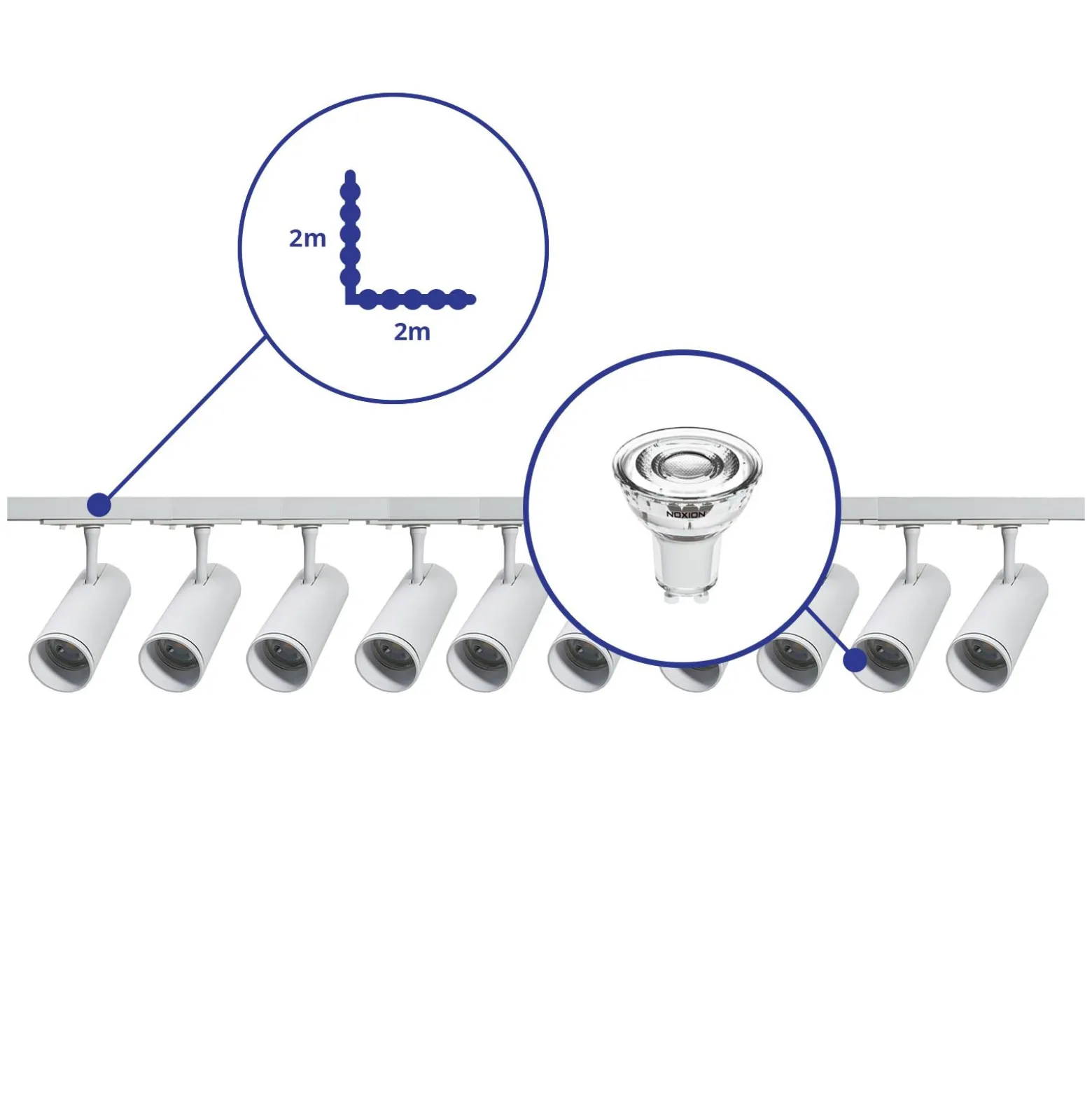 Komplett set 1-Fas Rail L 2 x 2 Meter Vit | incl. 10x Spot + GU10 2700K 3W Dimbar + Ändkåpa, Strömkontakt och L -Anslutningsstycke