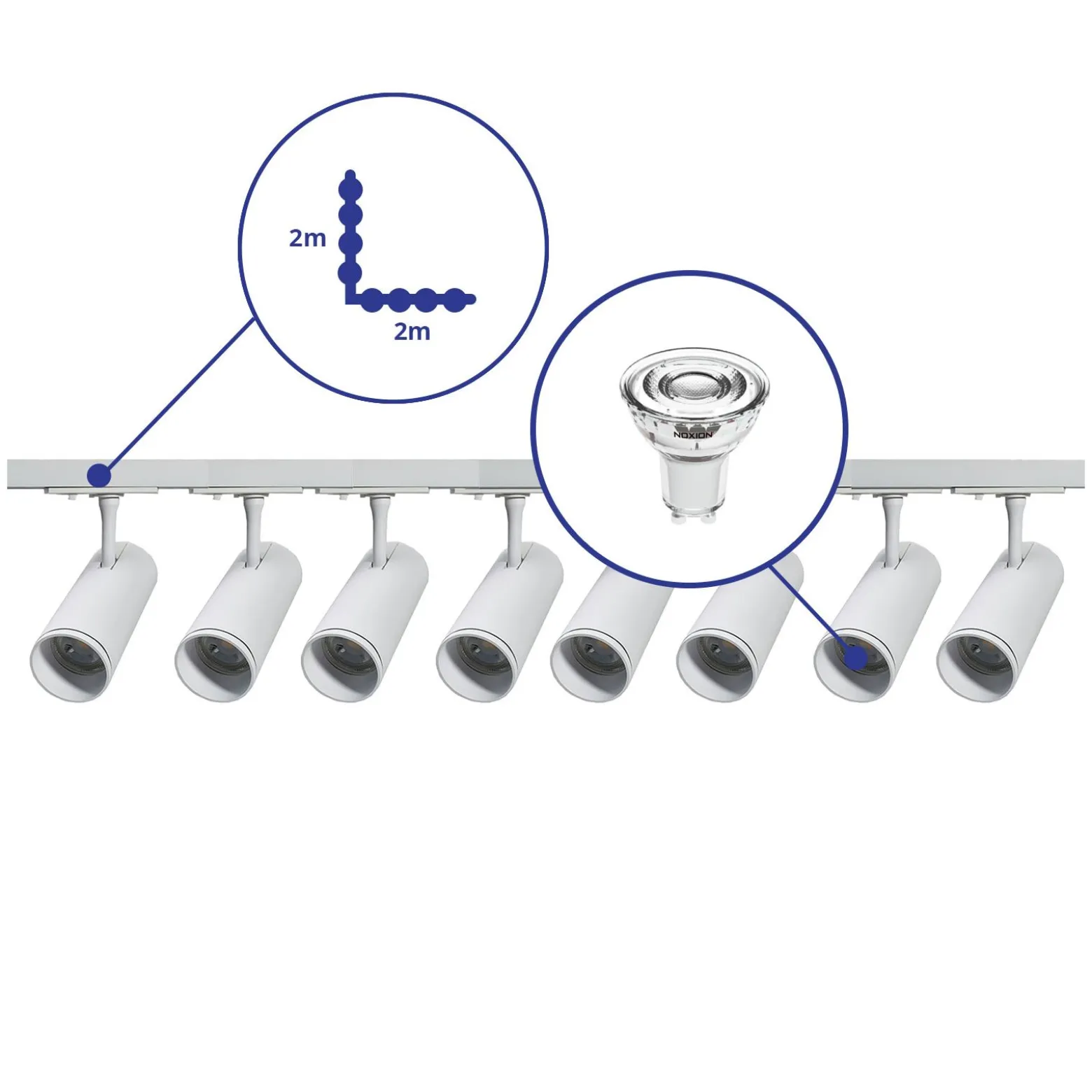 Komplett set 1-Fas Rail L 2 x 2 Meter Vit | incl. 8x Spot + GU10 2700K 3W Dimbar + Ändkåpa, Strömkontakt och L -Anslutningsstycke