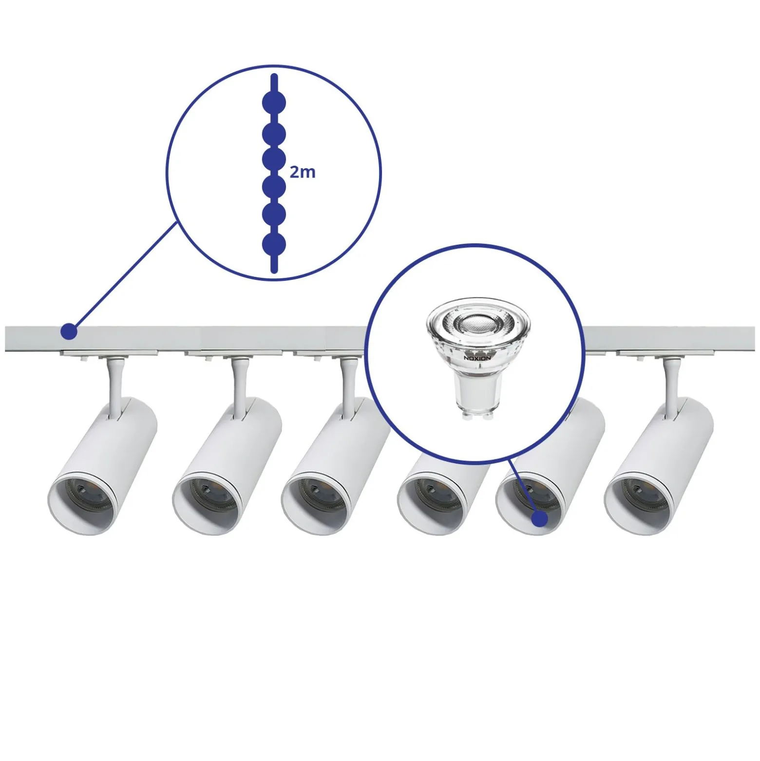 Komplett set 1-Fas Rail 2 Meter Vit | incl. 6x Spot + GU10 2700K 3W Dimbar + Ändkåpa, Strömkontakt och I-Anslutningsstycke