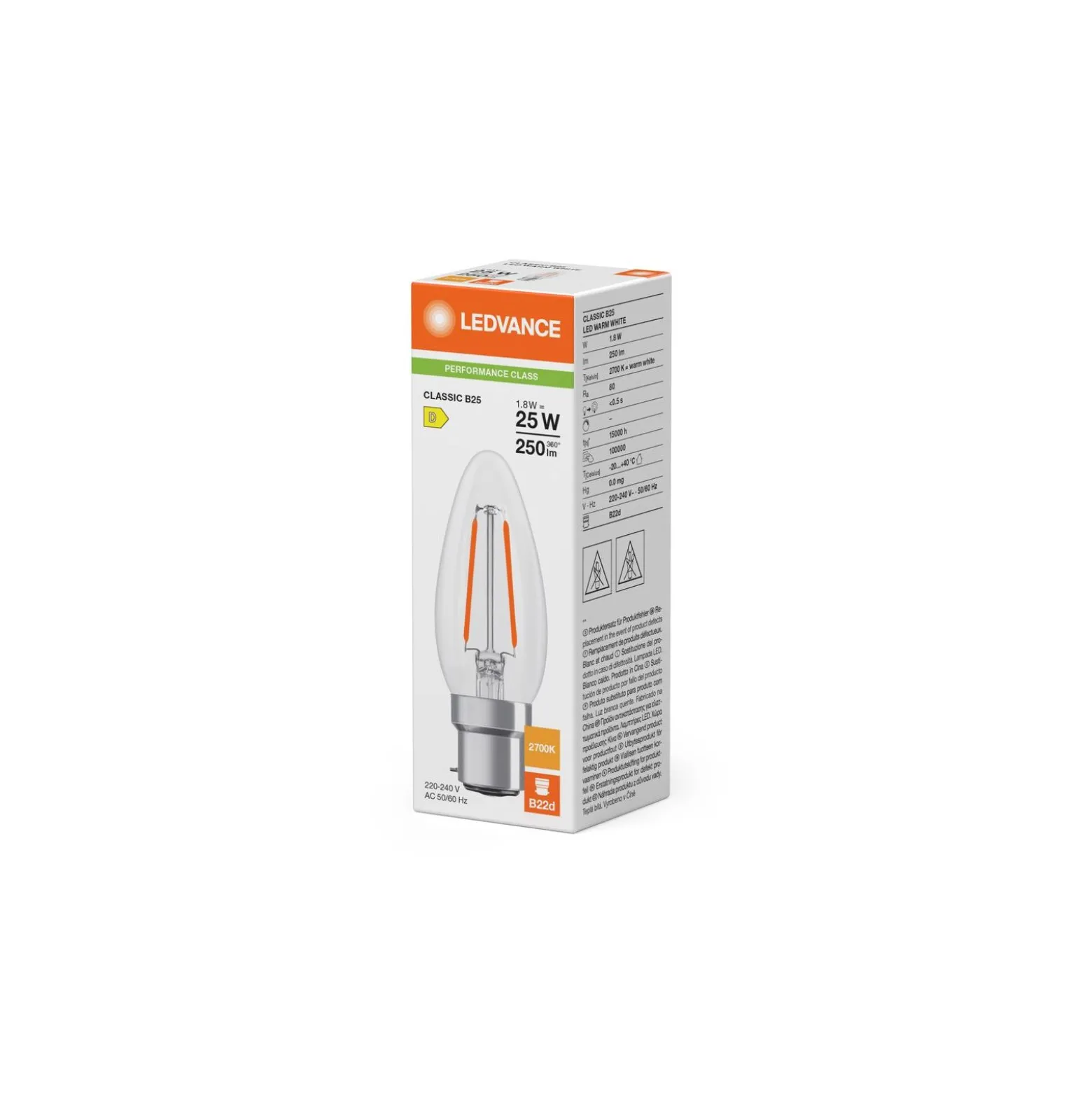 Ledvance Classic LED B22 Kronljus Filament Klar 1.8W 250lm - 827 Extra Varm Vit | Ersättare 25W