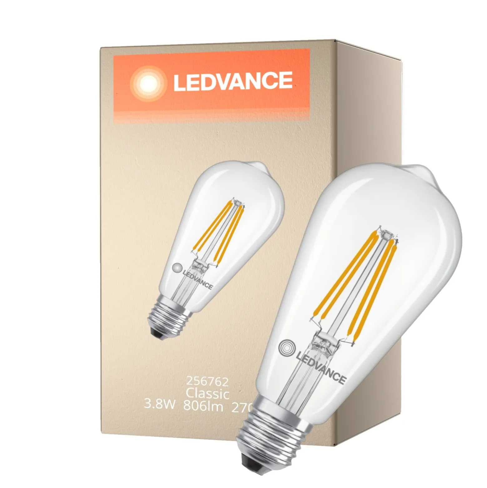 Ledvance Classic LED Edison E27 Päron Filament Klar 3.8W 806lm - 827 Extra Varm Vit | Ersättare 60W