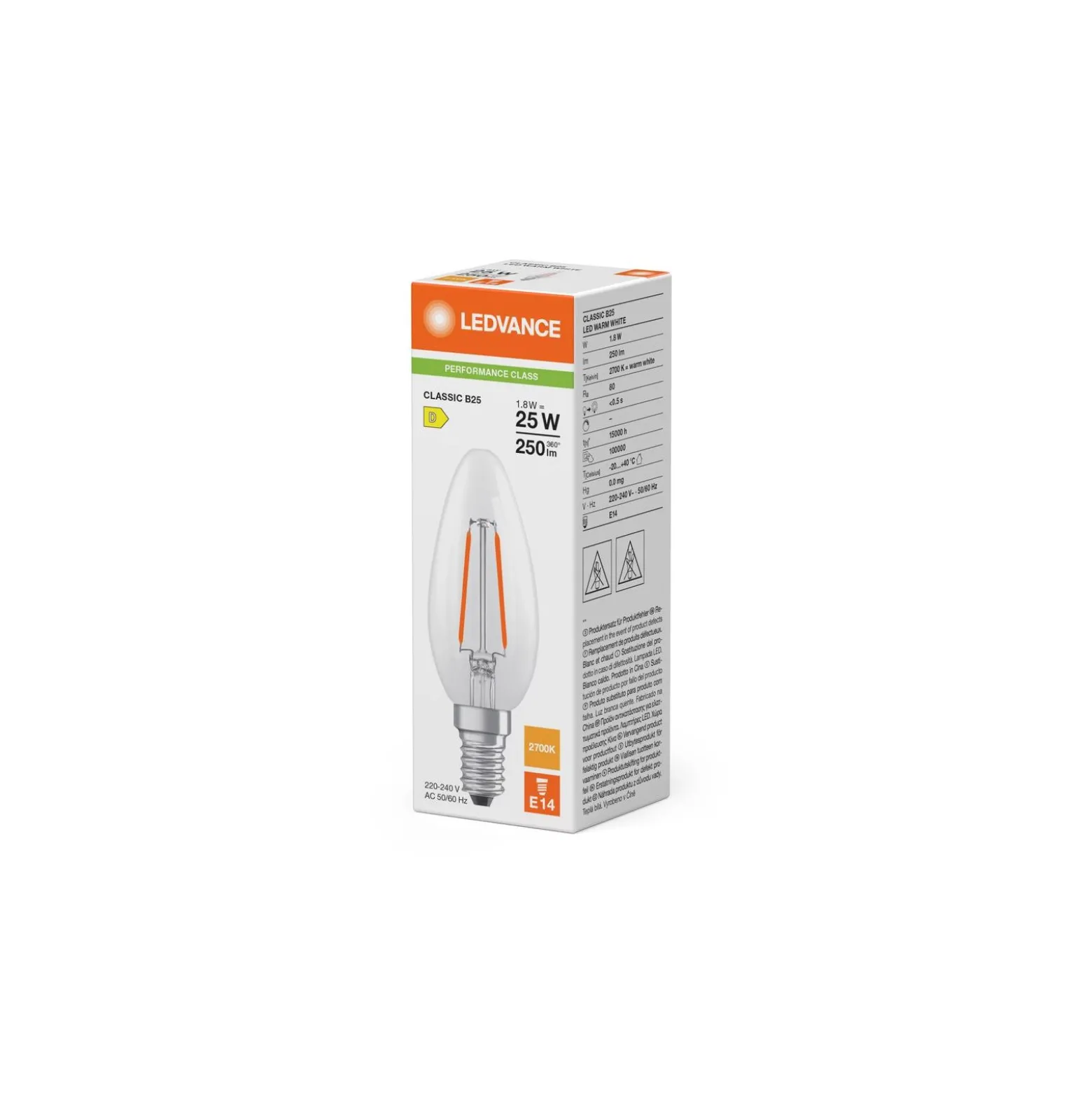 Ledvance Classic LED E14 Kronljus Filament Klar 1.8W 250lm - 827 Extra Varm Vit | Ersättare 25W