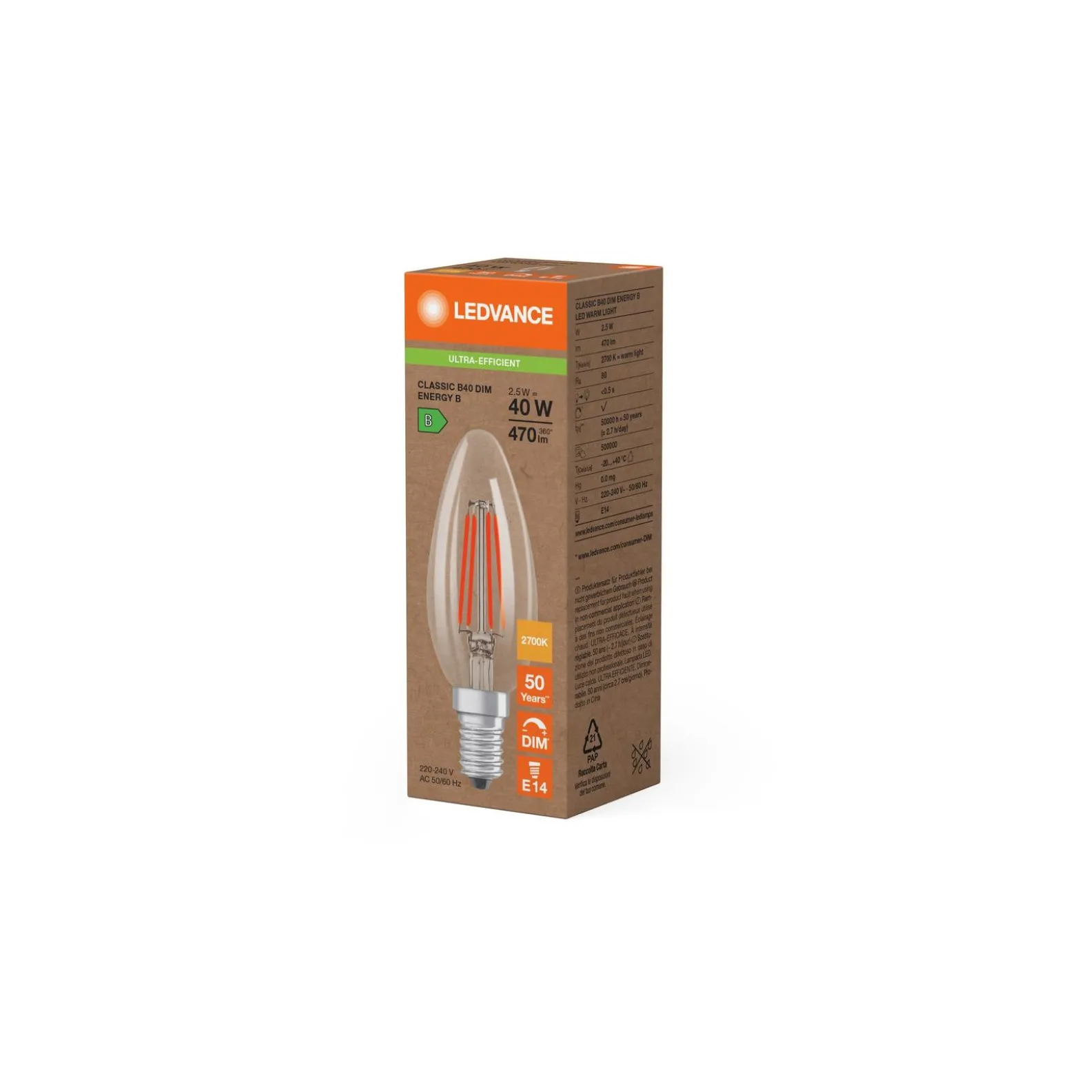 Ledvance Classic LED E14 Kronljus Filament Klar 2.5W 470lm - 827 Extra Varm Vit | Dimbar - Ersättare 40W