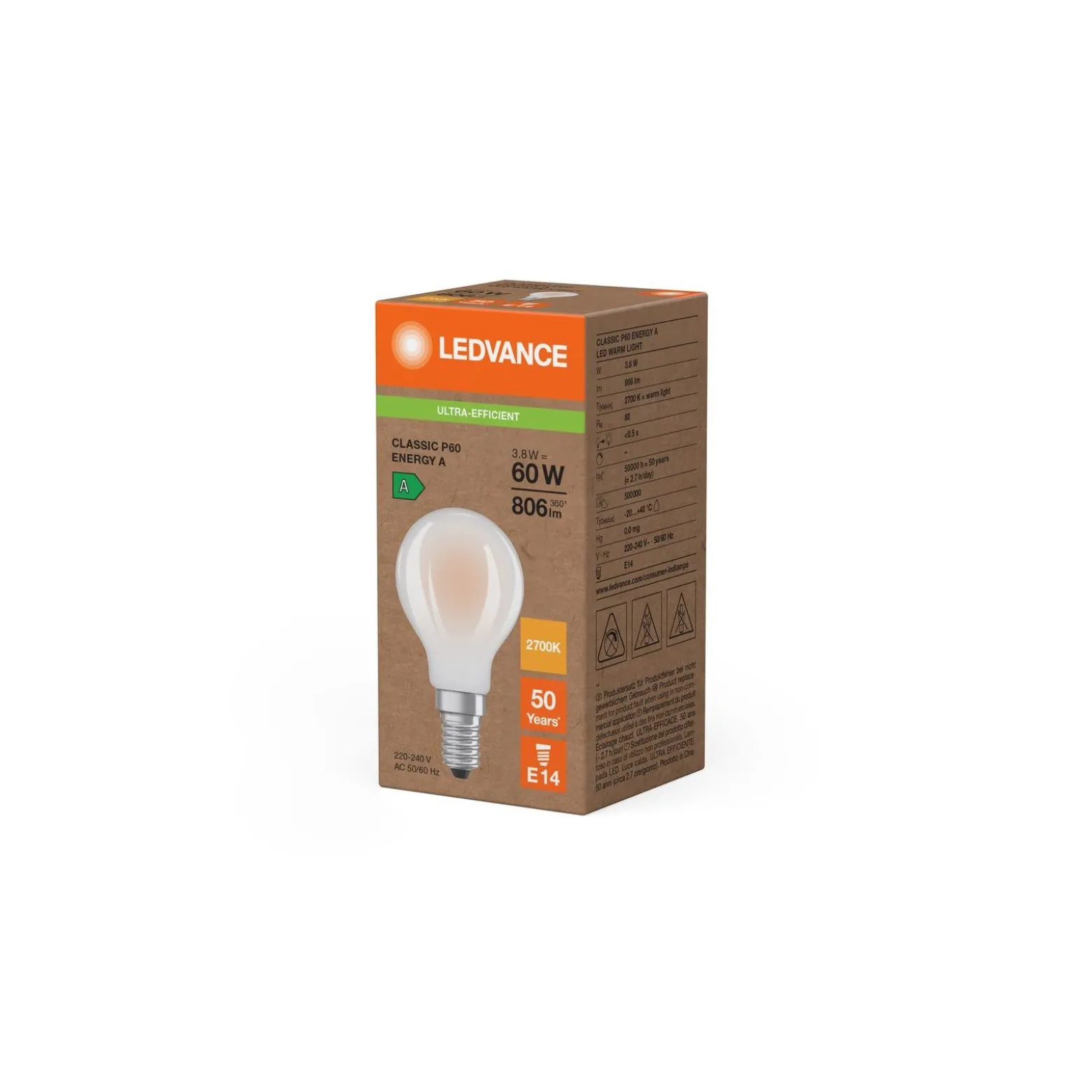 Ledvance Classic LED E14 Päron Matt 3.8W 806lm - 827 Extra Varm Vit | Ersättare 60W