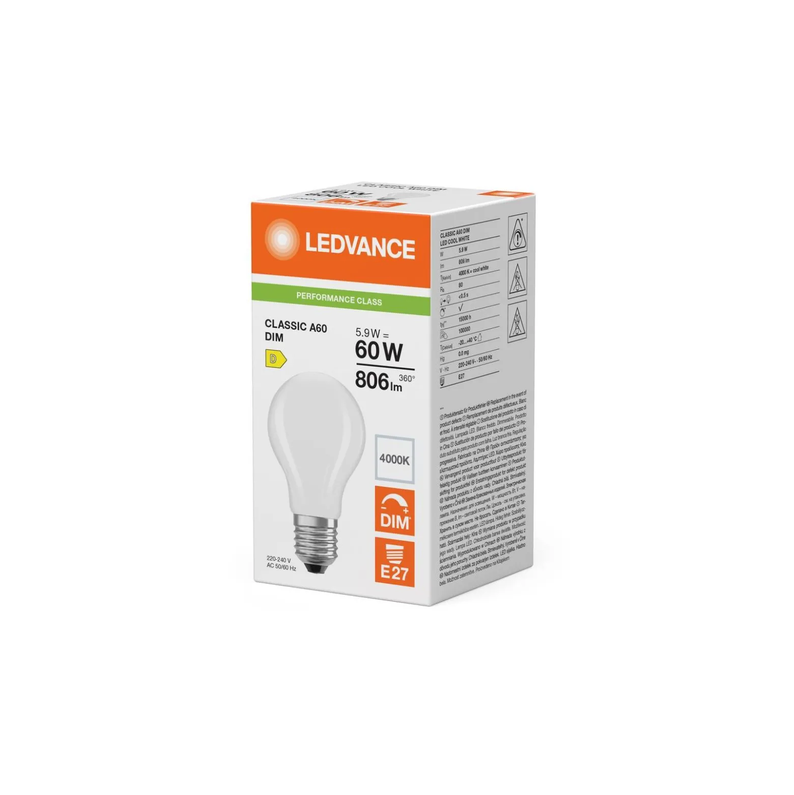 Ledvance Classic LED E27 Päron Matt 5.9W 806lm - 840 Kallvit| Dimbar - Ersättare 60W