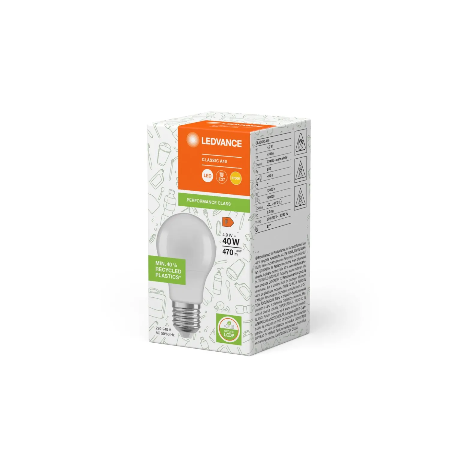 Ledvance Classic LED E27 Päron Matt 4.9W 470lm - 827 Extra Varm Vit | Ersättare 40W - Återvunnet