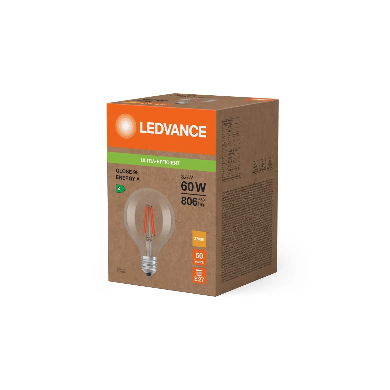 Ledvance Classic LED Globe E27 Globe Filament Klar 3.8W 806lm - 827 Extra Varm Vit | Ersättare 60W