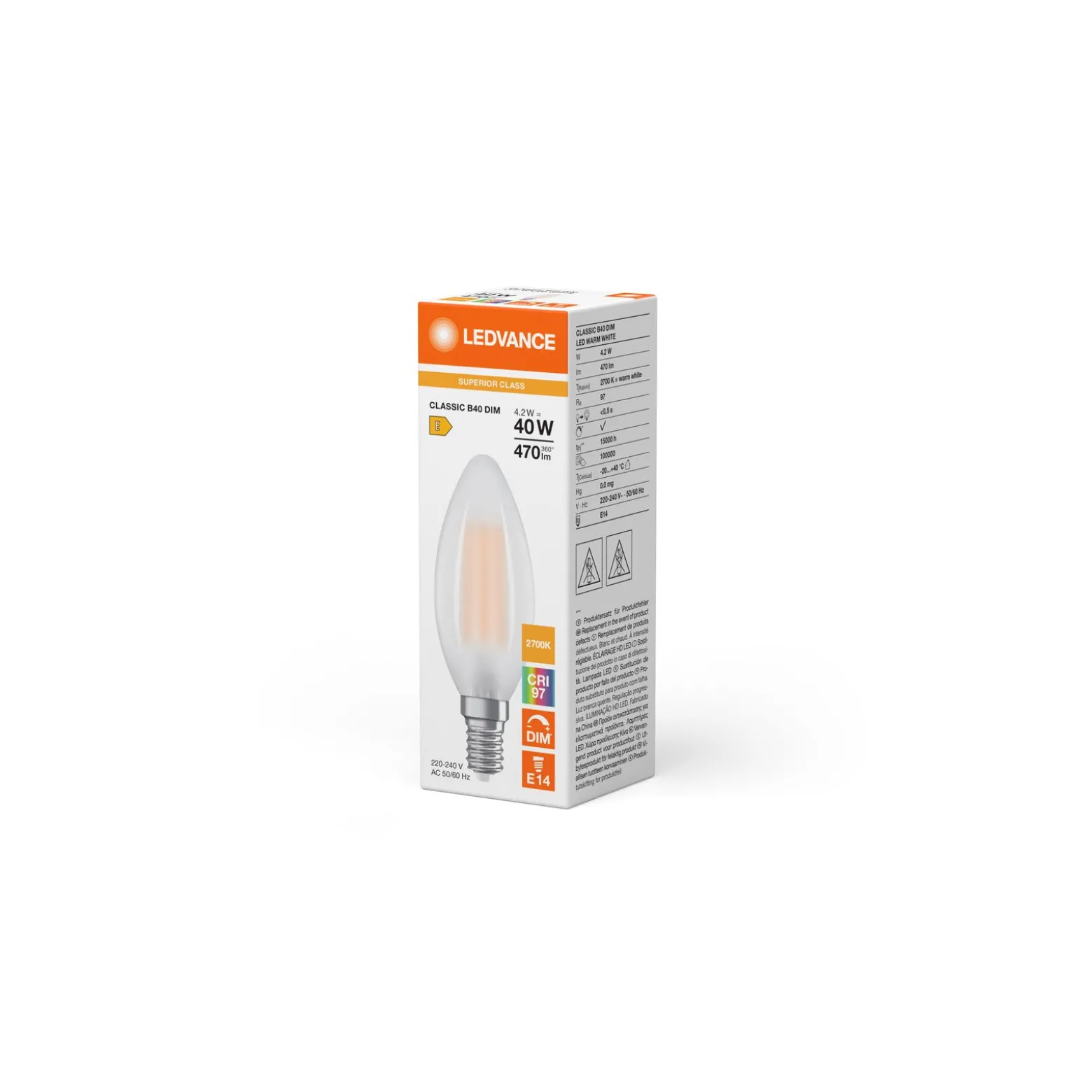 Ledvance Classic Superior LED Lampa E14 Kronljus Filament Matt 4.2W 470lm - 927 Extra Varm Vit | Bästa färgåtergivning - Dimbar - Ersättare 40W