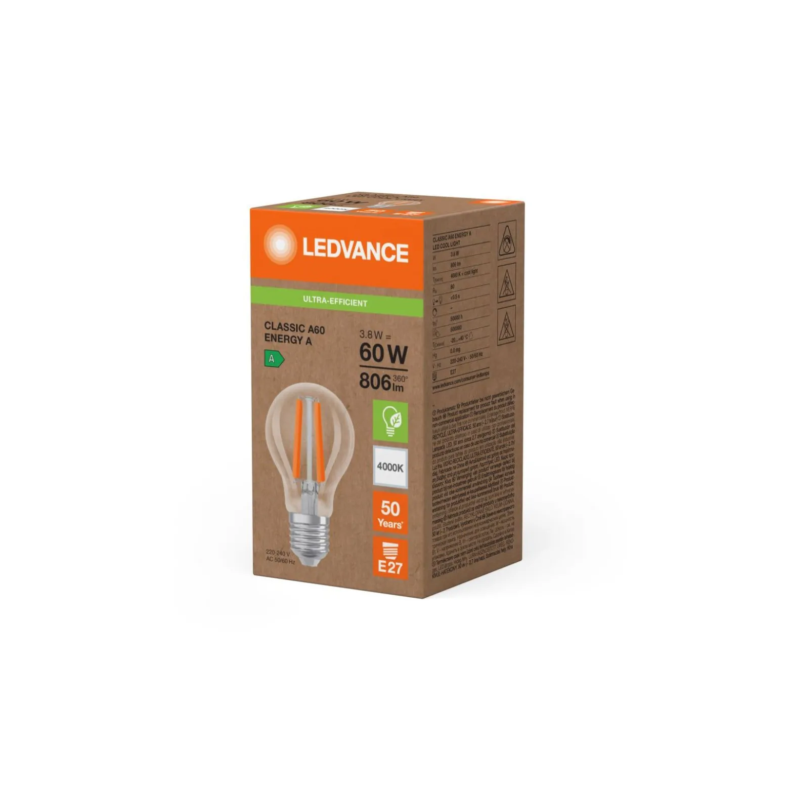 Ledvance Classic Superior LED Lampa E27 Päron Filament Klar 3.8W 806lm - 840 Kallvit | Ersättare 60W
