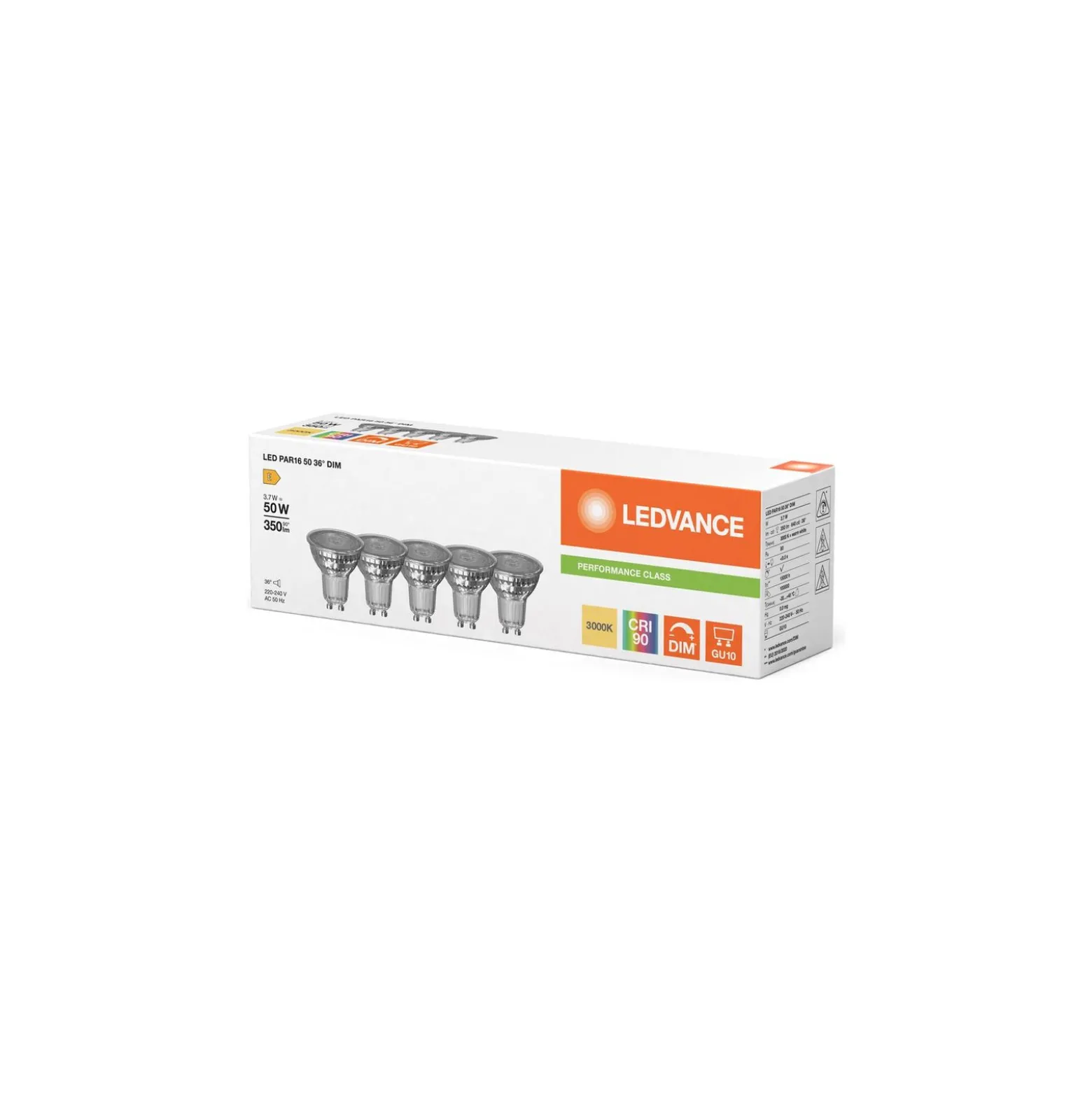 Ledvance LED GU10 PAR16 Performance 3.7W 350lm 36D - 930 Varm Vit | Bästa Färgåtergivning - Dimbar - Ersättare 50W