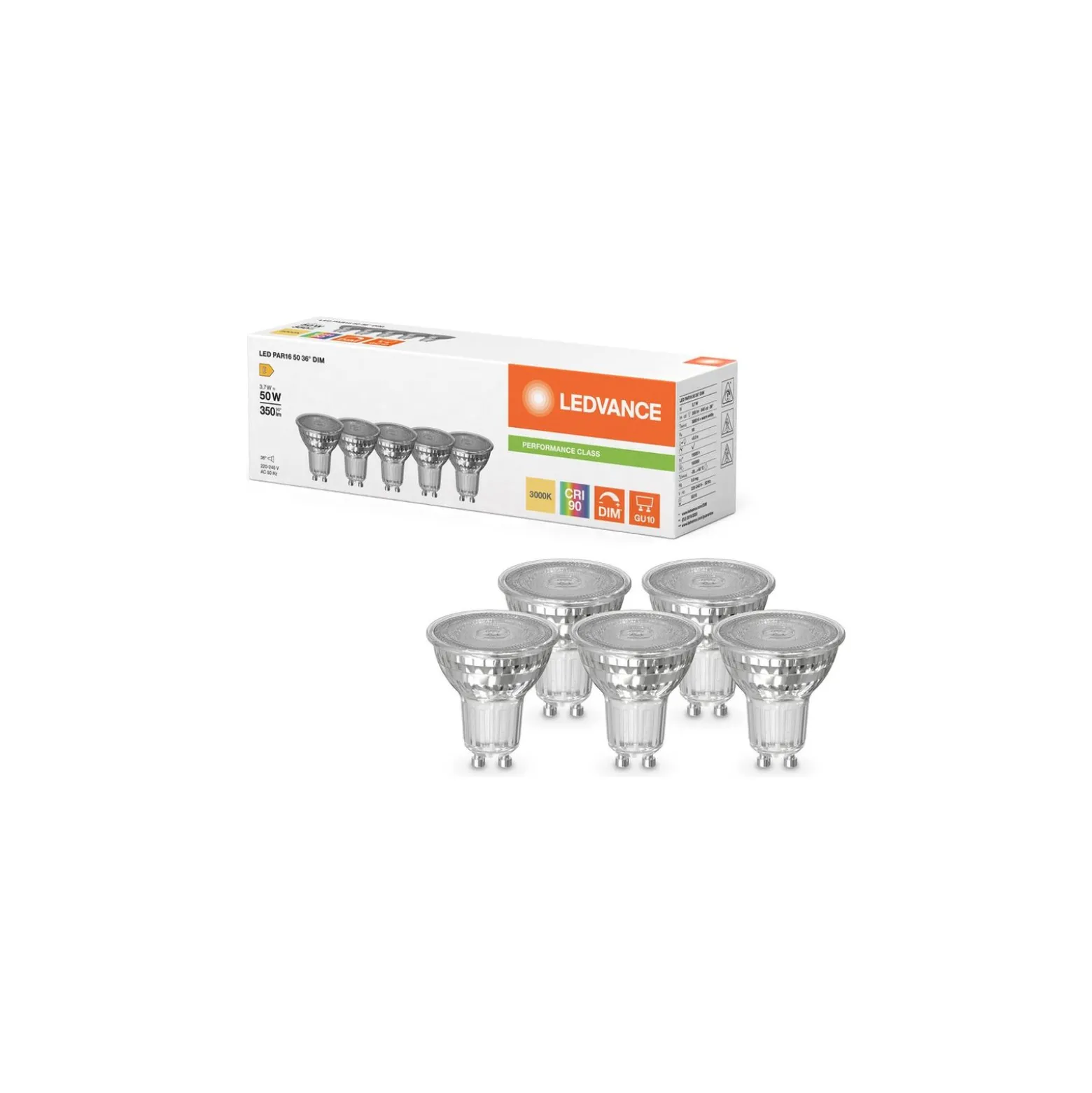 Ledvance LED GU10 PAR16 Performance 3.7W 350lm 36D - 930 Varm Vit | Bästa Färgåtergivning - Dimbar - Ersättare 50W