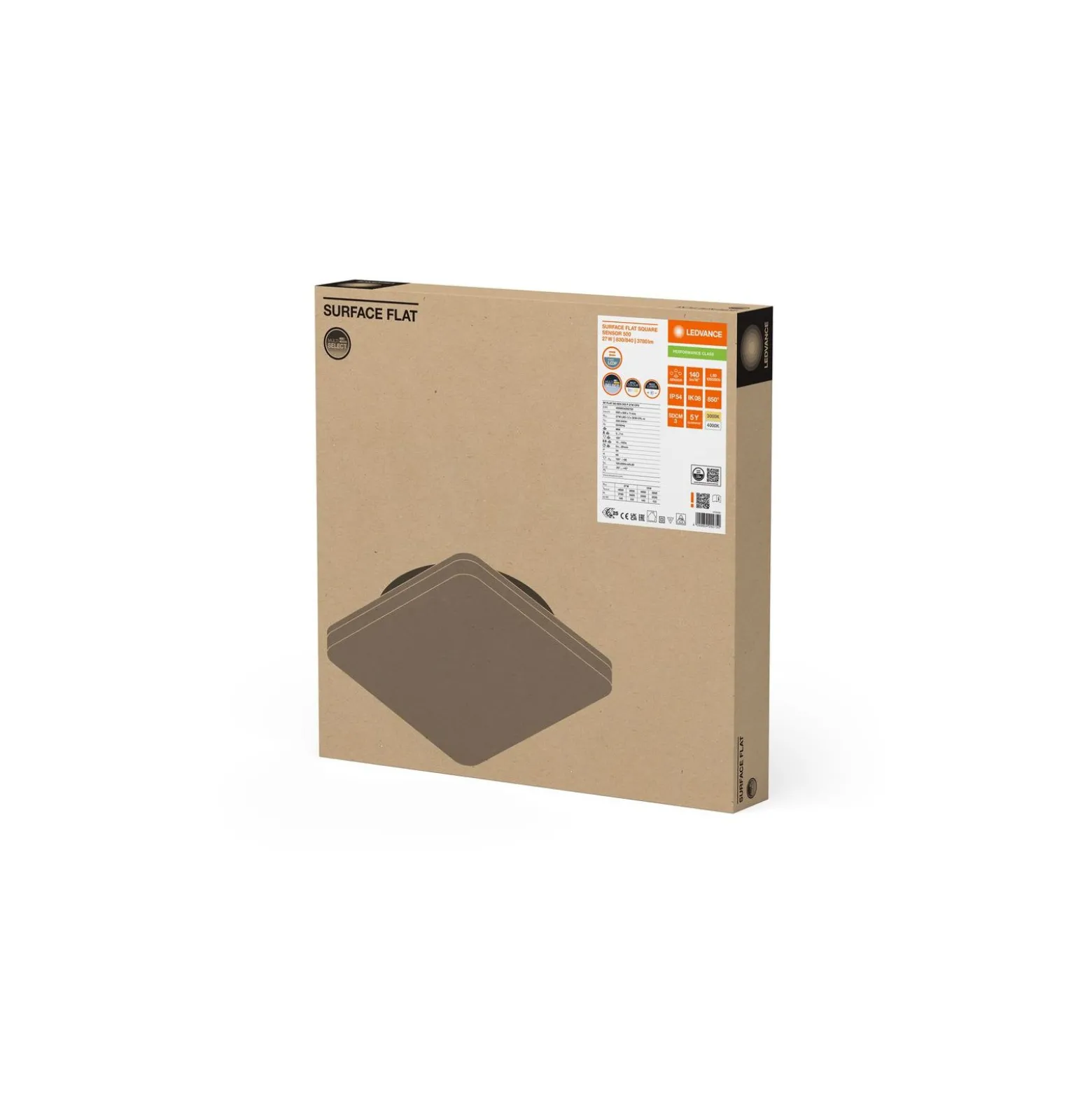 Ledvance LED Plafond Fyrkant Vit 19/27W 3780/2660lm - 830-840 CCT | 500mm - IP54 - Rörelse- och Ljussensor