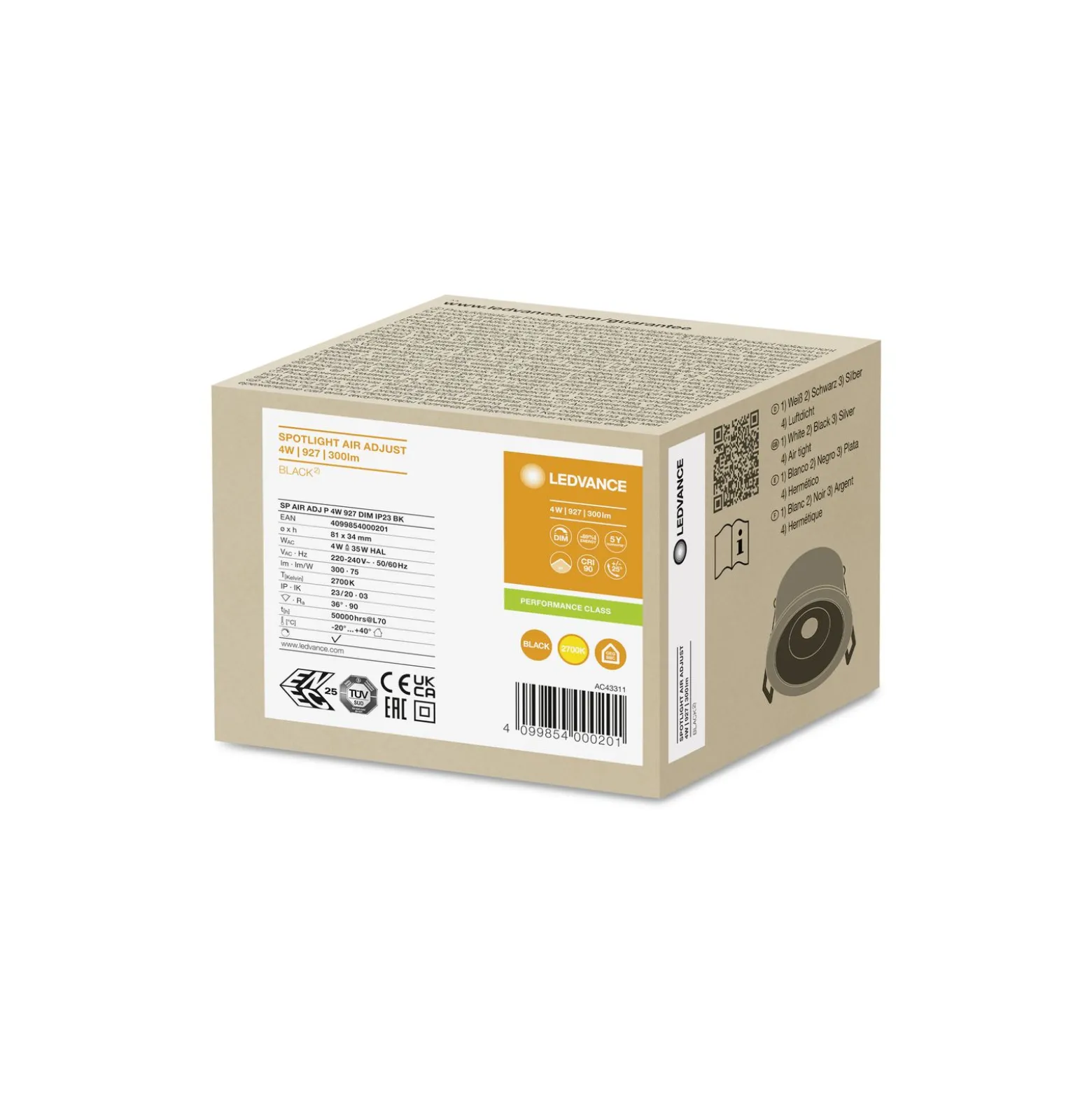 Ledvance LED Spot Air Adjust Aluminium Svart 4W 300lm 36D - 927 Extra Varm Vit | Utskärning 68mm - IP23 - Bästa färgåtergivning - Dimbar