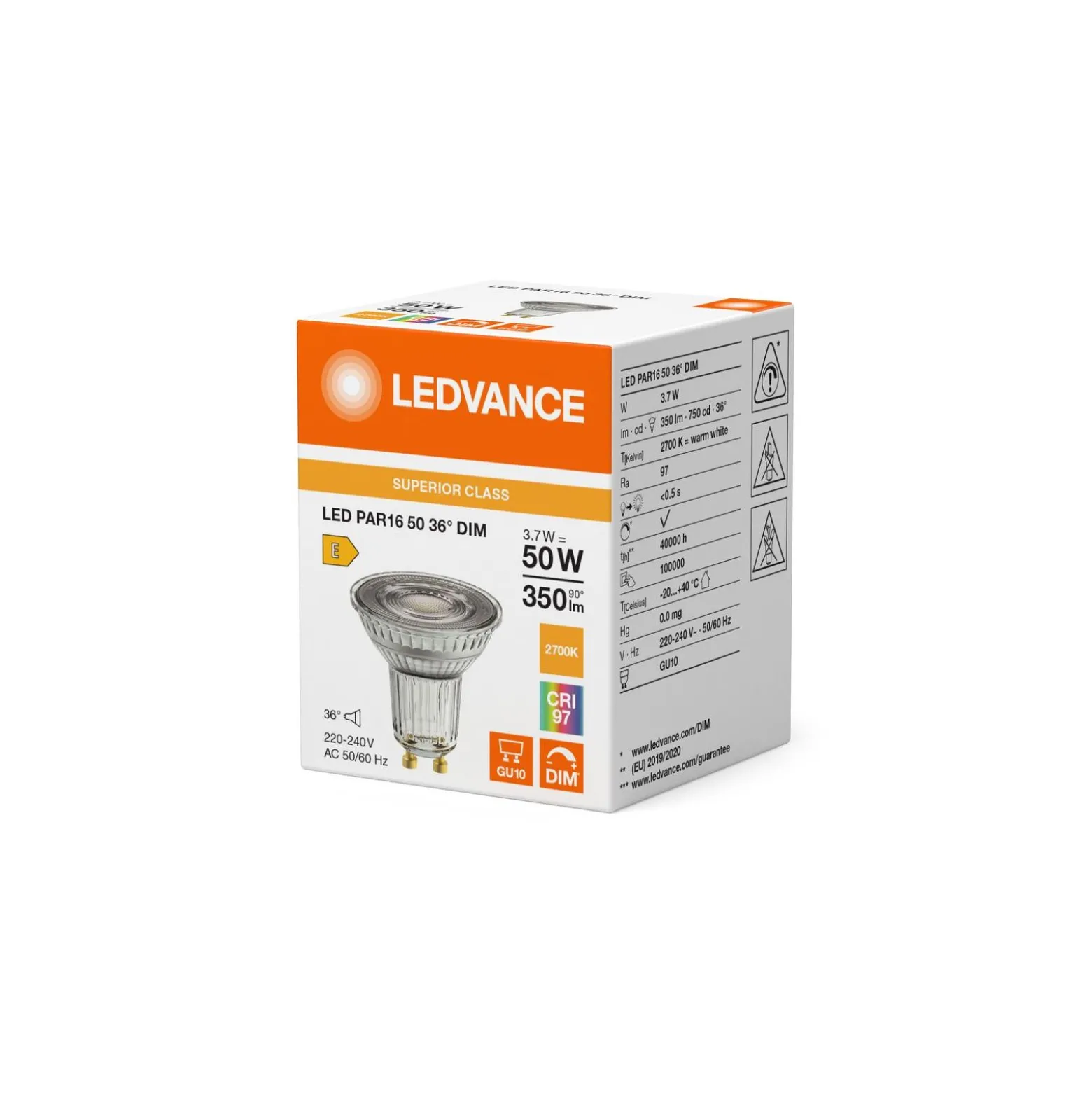 Ledvance LED Spot GU10 PAR16 3.7W 350lm 36D - 927 Extra Varm Vit | Bästa Färgåtergivning - Dimbar - Ersättare 35W