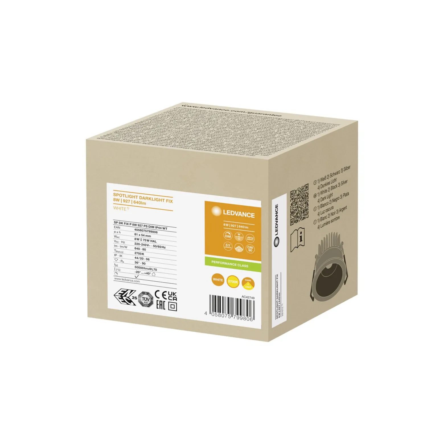 Ledvance LED Spot Mörklight Aluminium Vit 8W 640lm 36D - 927 Extra Varm Vit | Utskärning 68mm - IP44 - Bästa färgåtergivning - Dimbar