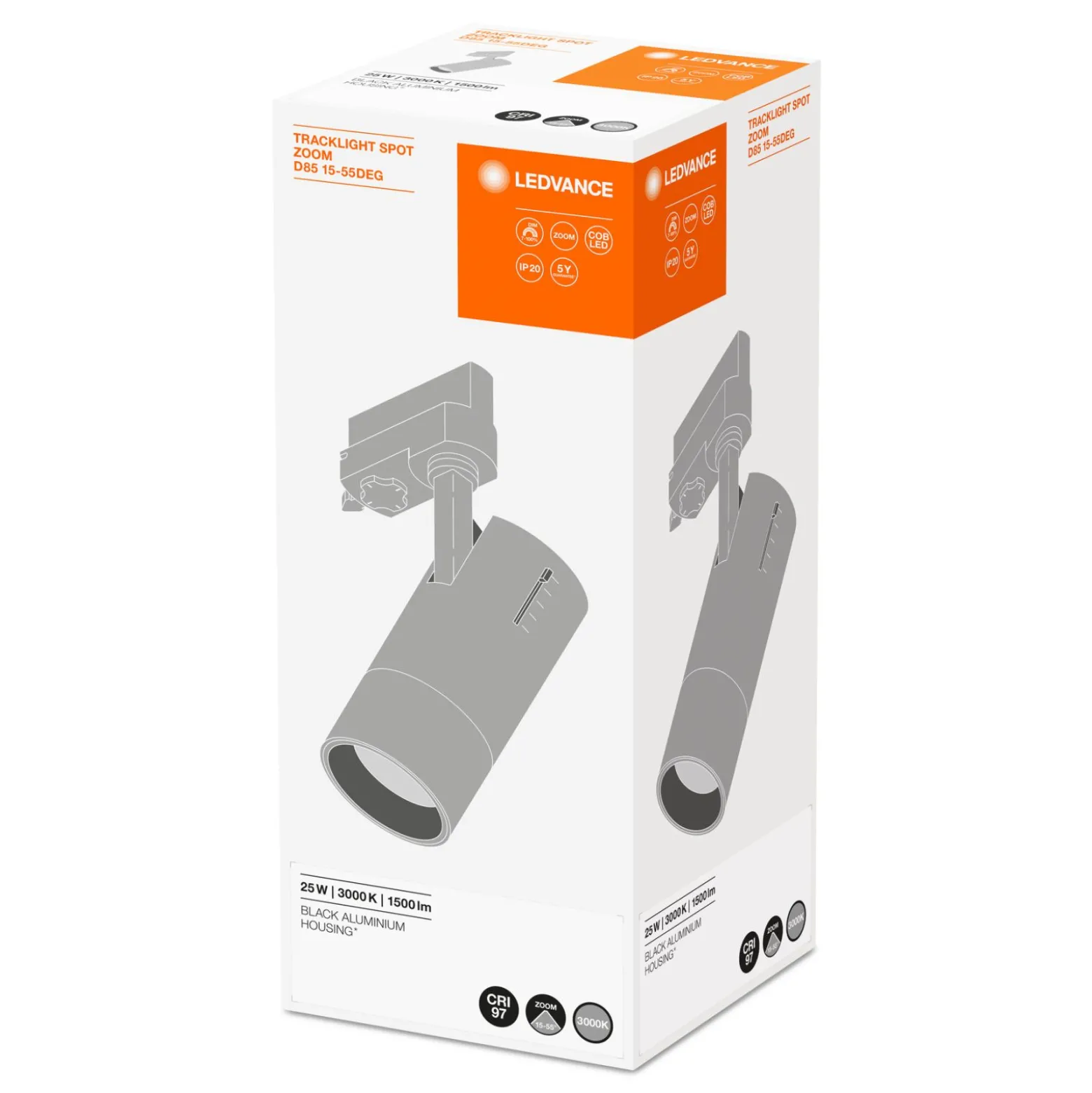 Ledvance LED Spårbelysning D85 Svart 25W 1500lm 15-55D - 830 Varm Vit | Mechanical Zoom - Dimbar