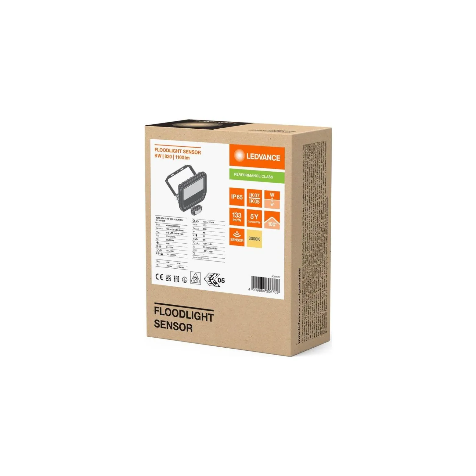 Ledvance LED Strålkastare Aluminium Vit 8W 1100lm 100D - 830 Varm Vit | IP65 - Rörelse- Och Ljussensor - Symmetrisk